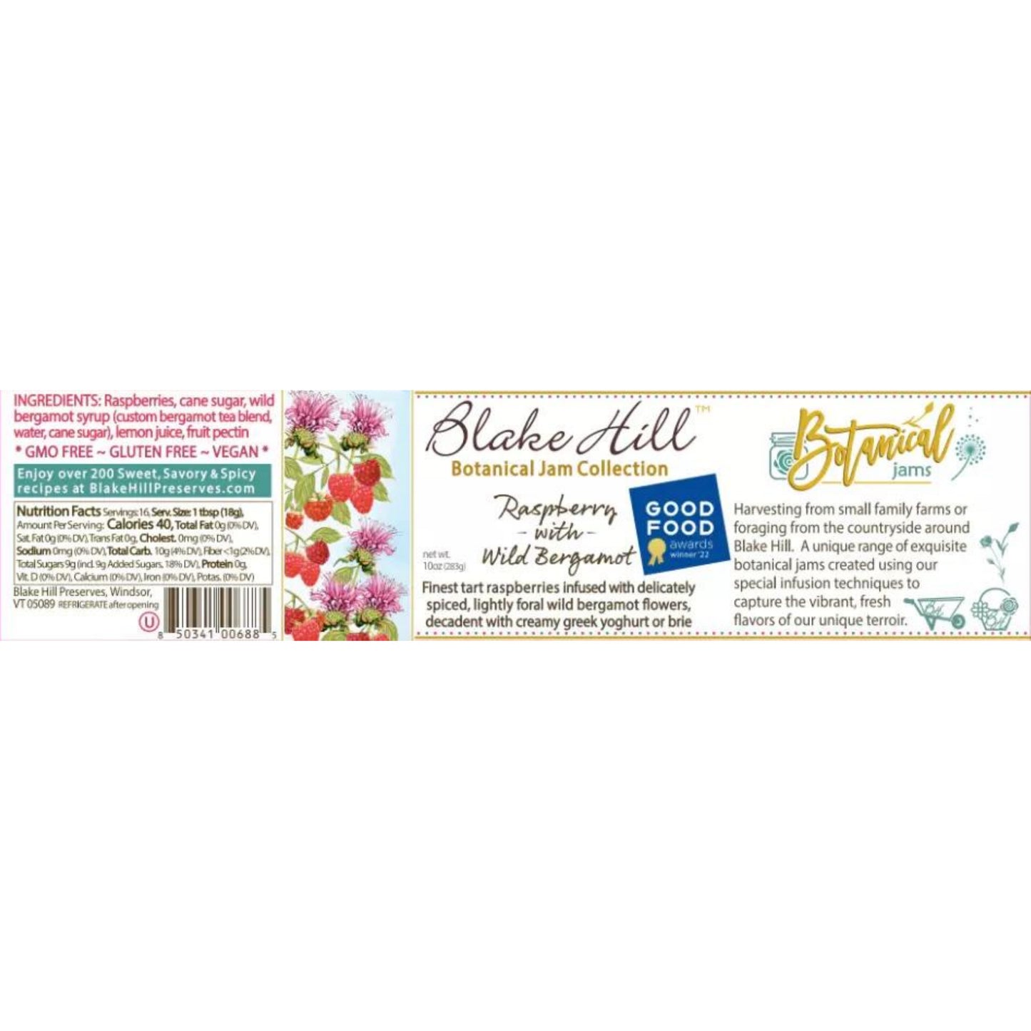 Botanical Jam Collection- Raspberry with Wild Bergamot Nutrition Label