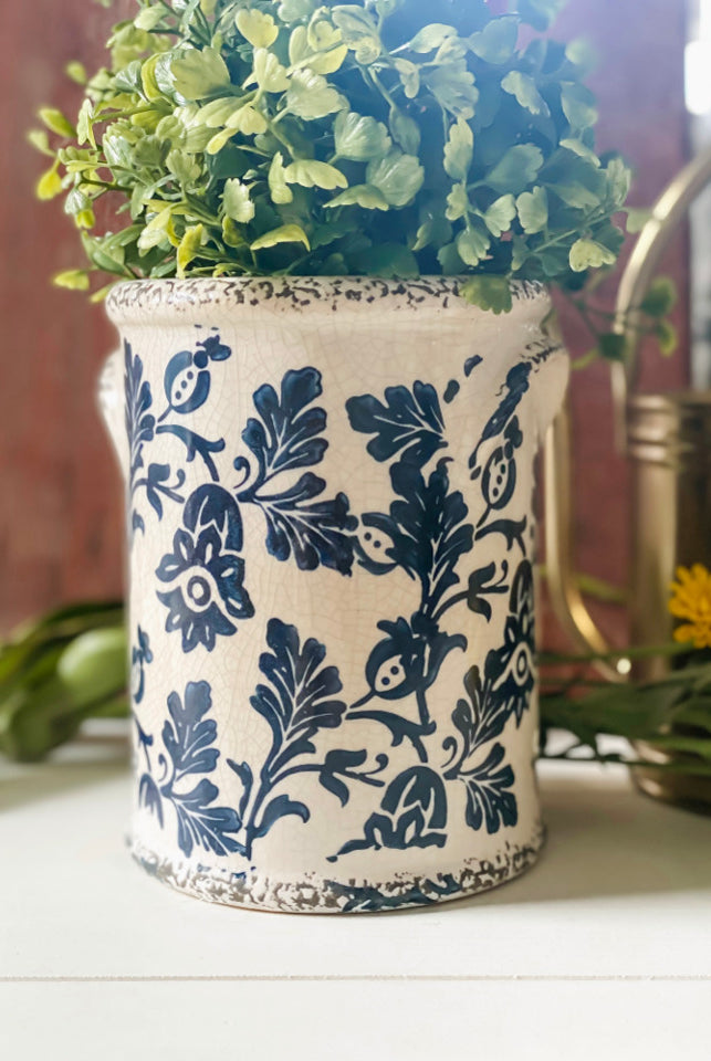 Blue Floral Pot with Handles