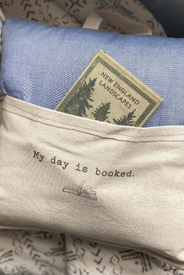 Chambray Reading Pillow- My Day Is Booked with Book Flat Lay
