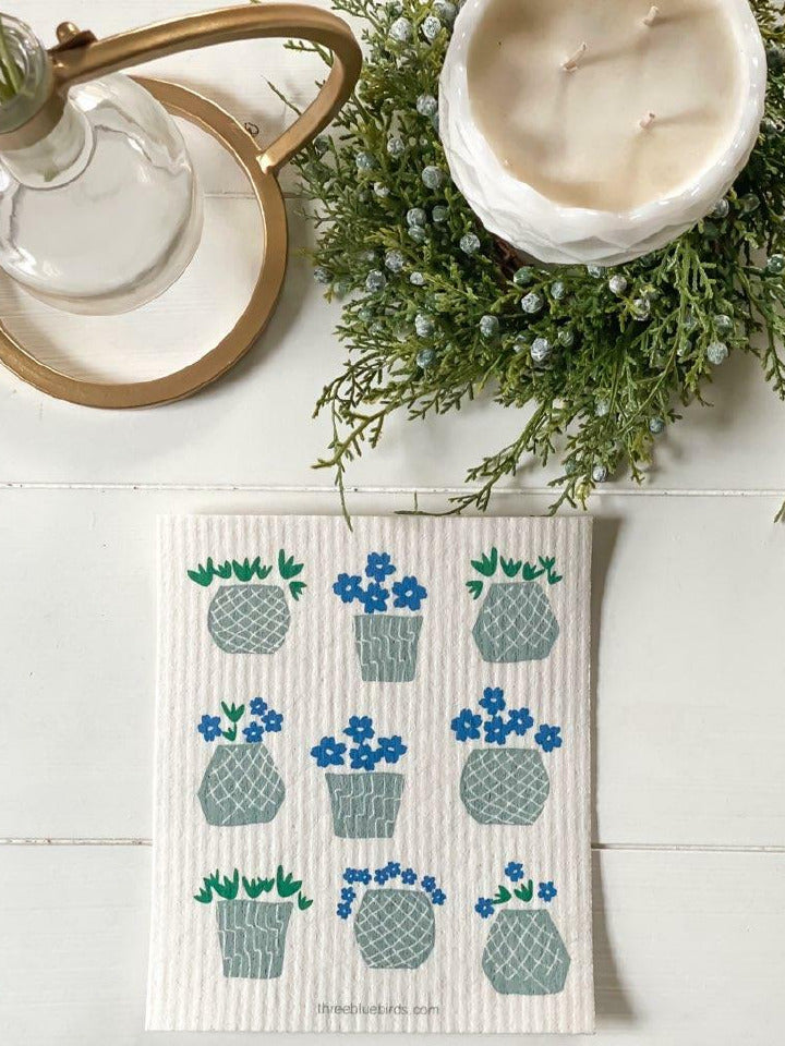 Flower Pots on White Swedish Dishcloth