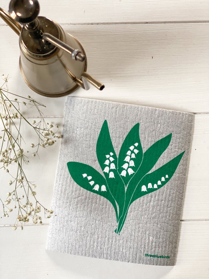 Lily of the Valley on Grey Swedish Dish Cloth