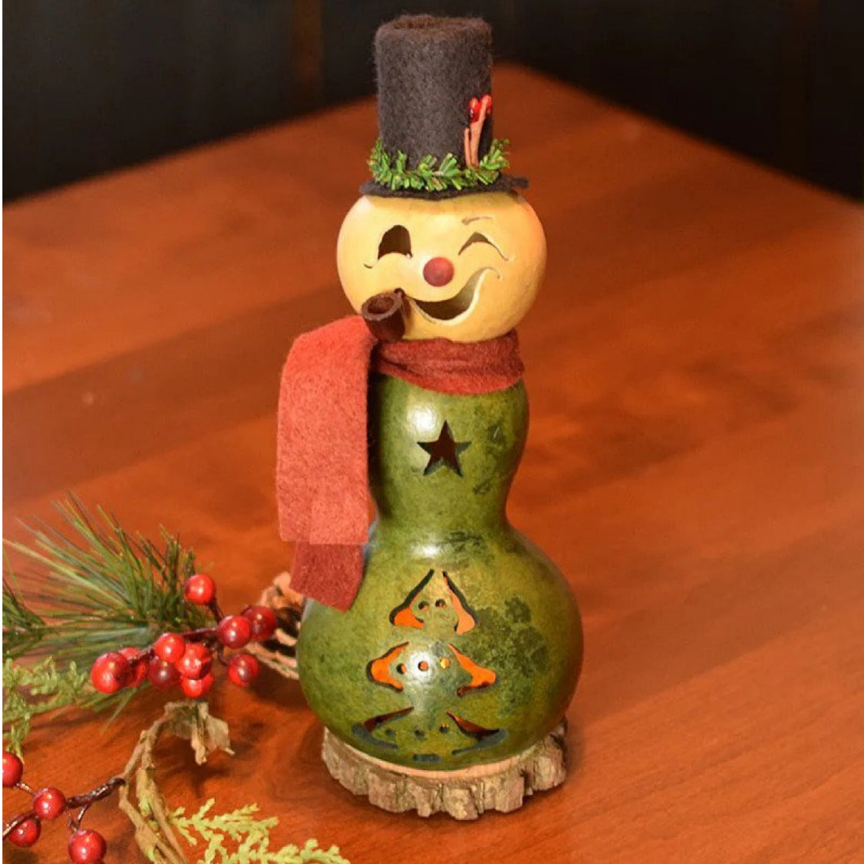 Pinewood Miniature Snowman Handcrafted Gourd