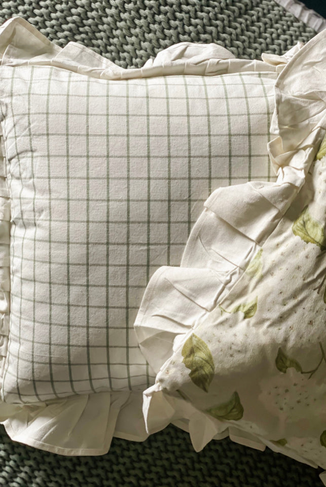 Reversible White Hydrangeas with Ruffle Pillow Close Up 