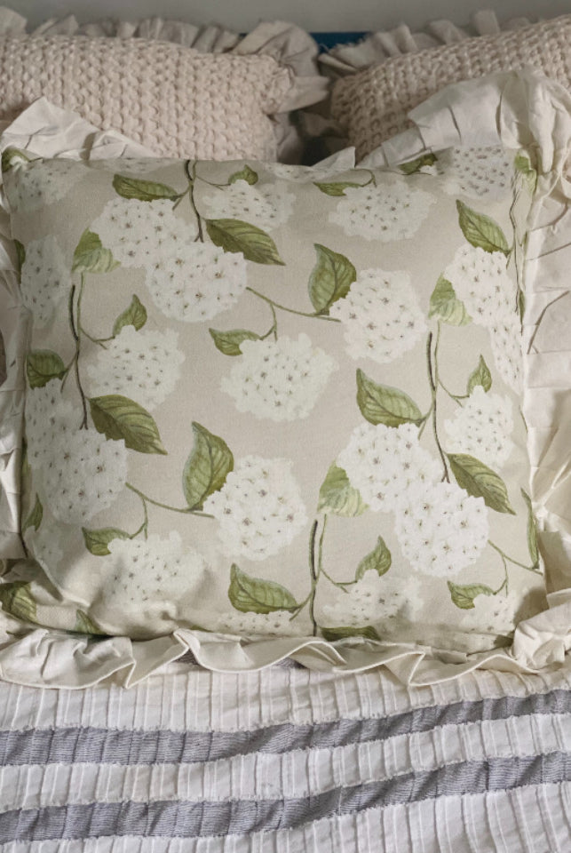 Reversible White Hydrangeas with Ruffle Pillow Single Side