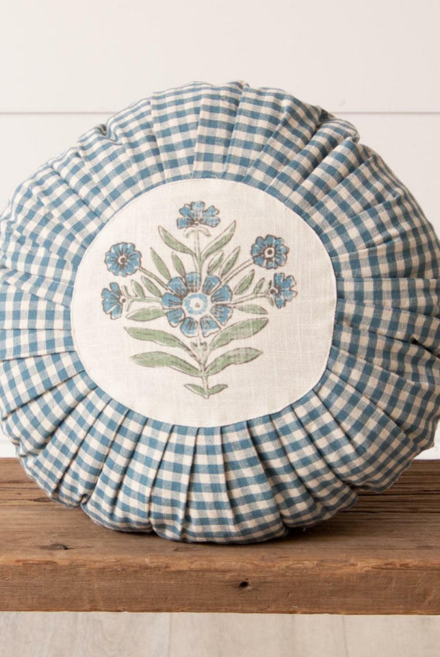 Round Pleated Flower Accent Pillow- Blue