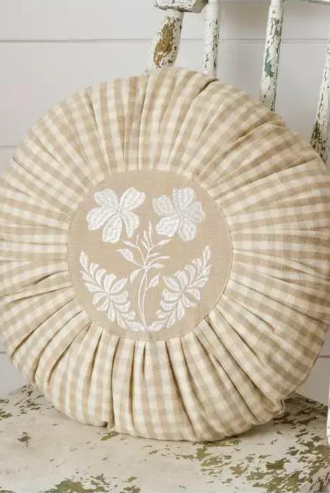 Round Pleated Flower Accent Pillow- Tan