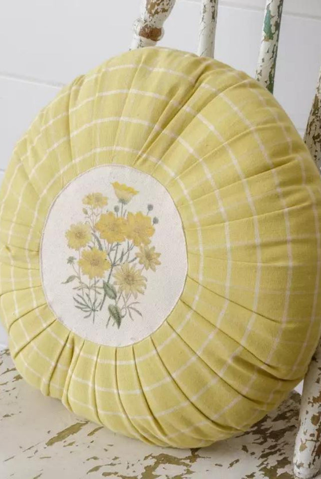 Round Pleated Flower Accent Pillow- Yellow