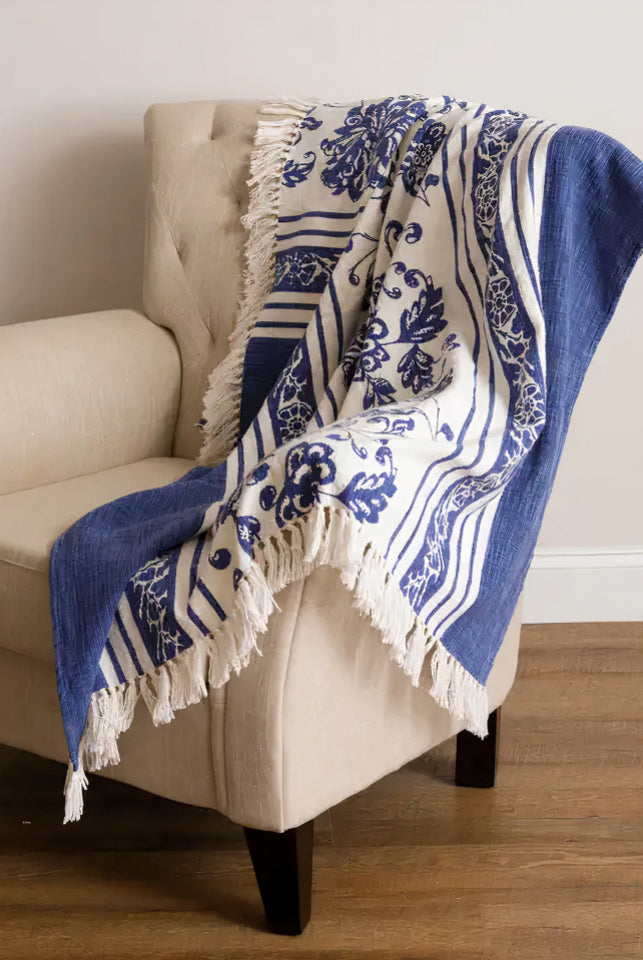 Tassled Edge French Provincial White + Blue Floral Throw Blanket
