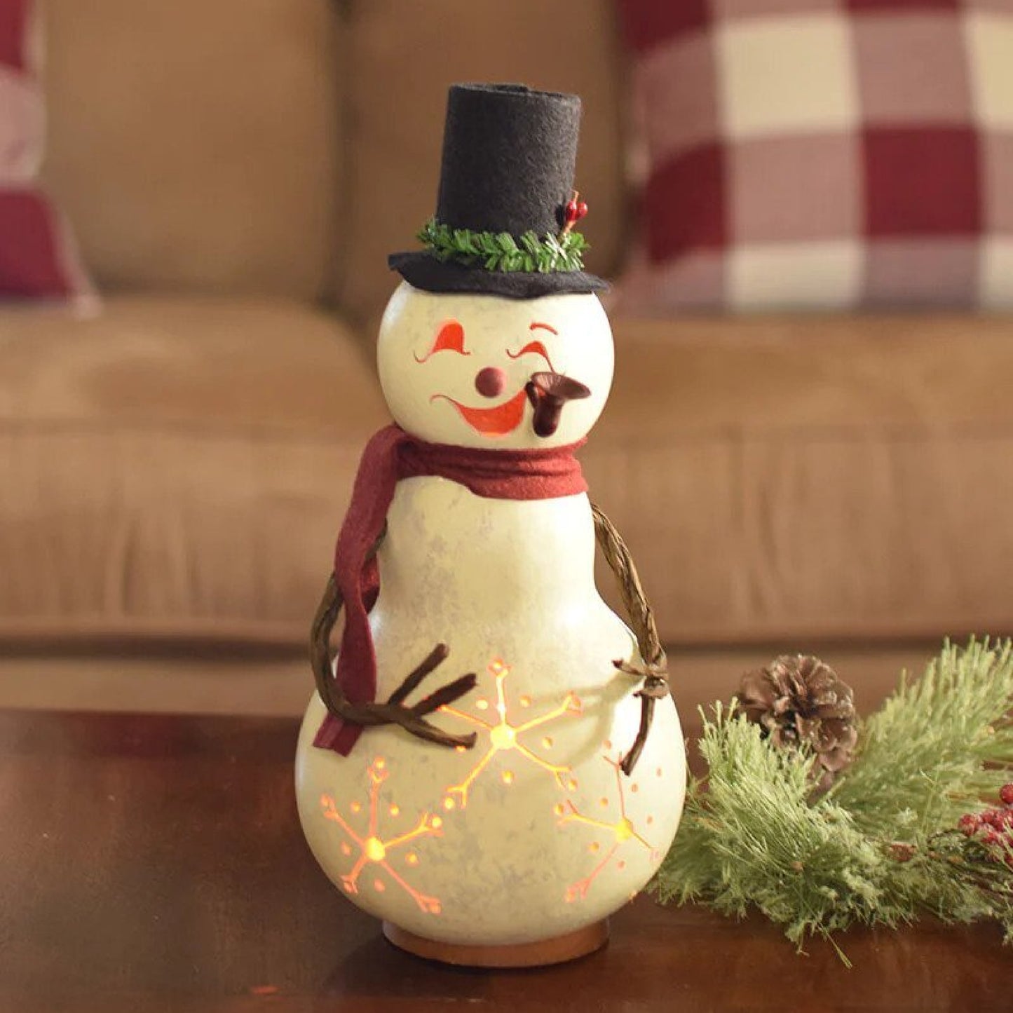 Blizzard Snowman Medium Lit Handcrafted Gourd